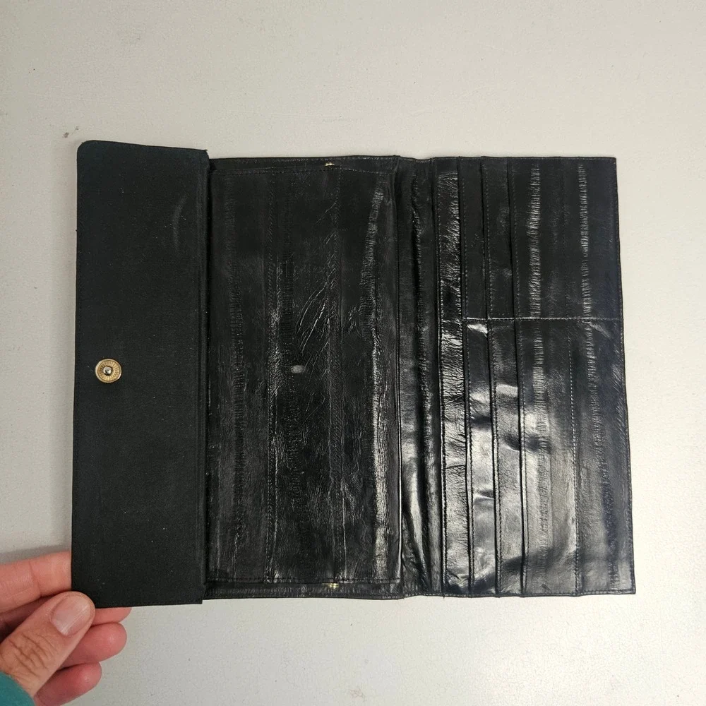 Vintage‎ Serpendo Korea Black Eel Skin Leather Kiss Lock Clutch Wallet Tri-Fold